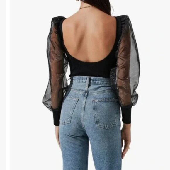 NWT ASTR Semisheer Organza Sleeve Black Chic Bodysuit - Picture 3 of 5